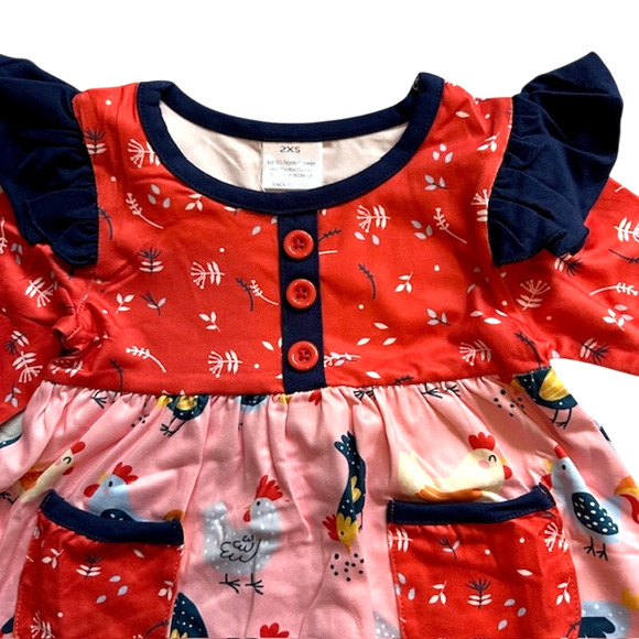 Boutique Toddler Girls 3T (M) Okie & Lou Red Blue Crazy Chickens Outfit - Picture 3 of 10